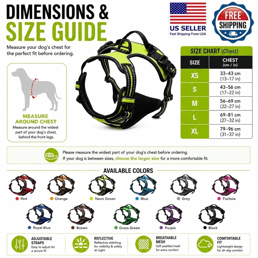 rabbitgoo Dog Harness Medium Blue No Pull Reflective Adjustable NEW